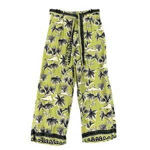 Tahari Tropical Palm Tree Print 100% Linen Wide Leg Pants Women L